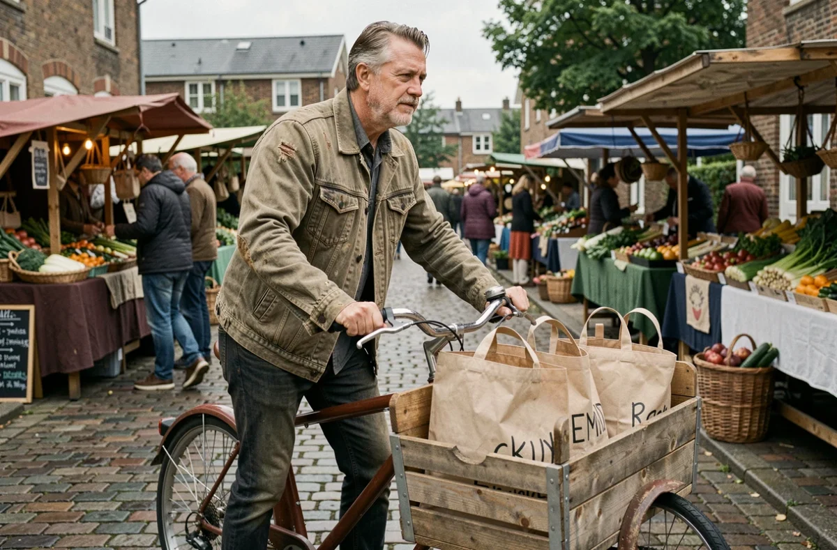 Homme transportant ses courses en vélo cargo avec des sacs réutilisables dans un marché de producteurs locaux en ville