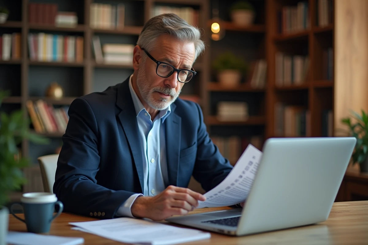 Homme consultant un portail administratif en ligne pour vérifier son dossier CAMUEG depuis son domicile