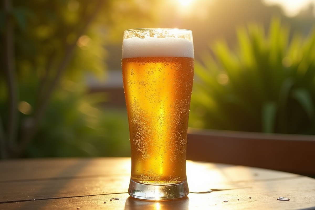 Verre de biere sans gluten glacé sur table extérieure en plein air