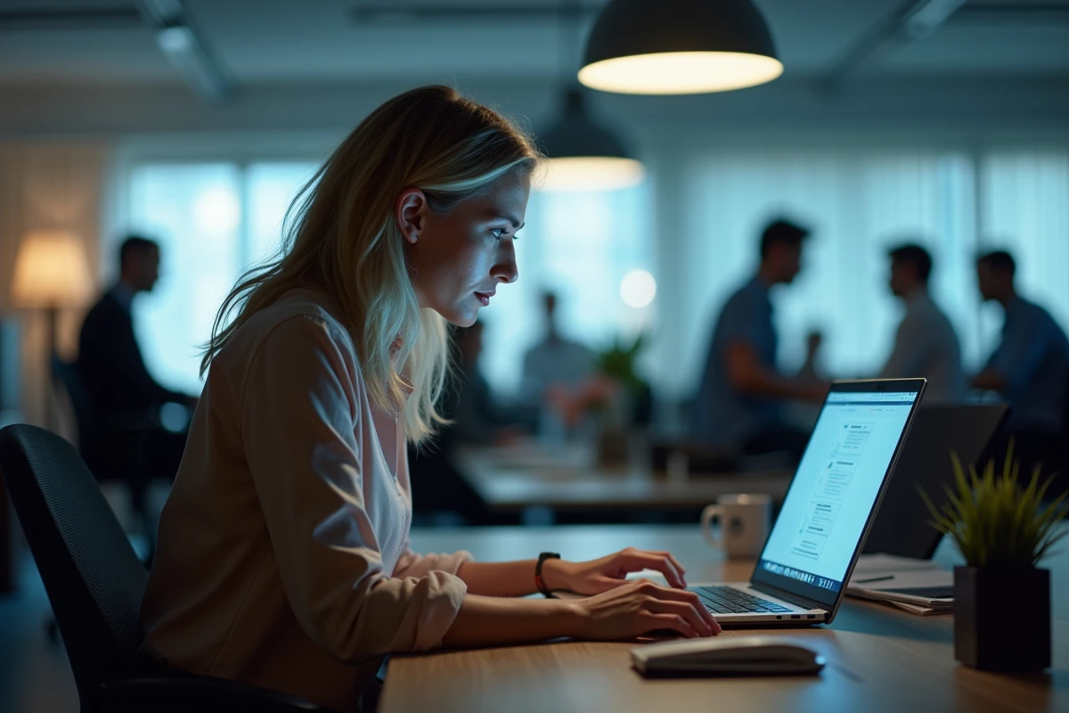 Femme épuisée à son bureau, victime d'une relation toxique avec une collègue narcissique au travail